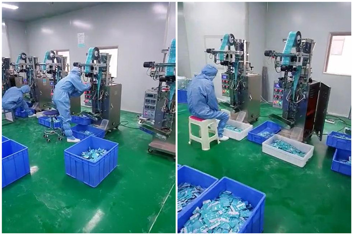 湖南可孚醫療科技發(fā)展有限公司車(chē)間-工作人員正在測試抑菌粉自動(dòng)包裝機-小袋食品藥品粉末包裝機生產(chǎn)