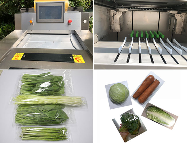 全自動(dòng)蔬菜保鮮膜包裝機細節及樣品展示